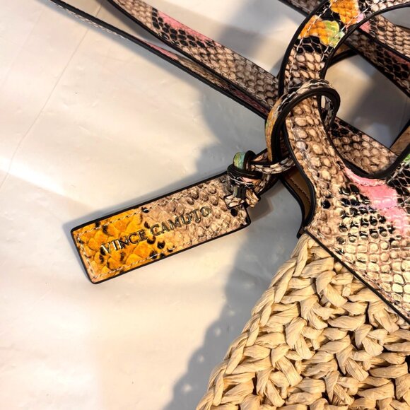 Vince Camuto Lena Straw Tote Bag‎ Faux Snakeskin Duo Handles Boho Chic Beachy - Picture 7 of 12